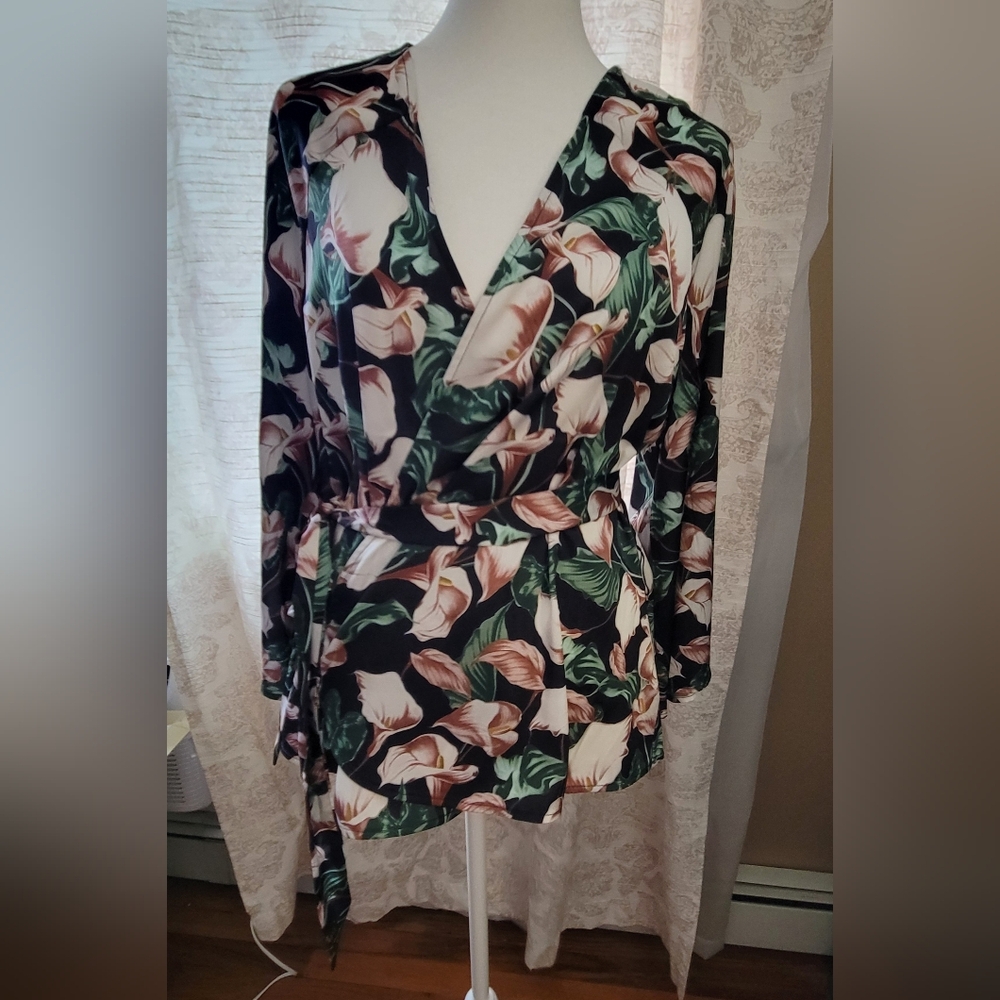 Express Black and Green Floral Wrap Blouse